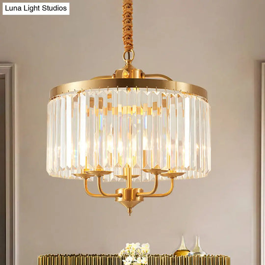 Modernist Brass Hanging Pendant Light With Curved Metal Arm - Crystal Cylinder Chandelier 4 Heads