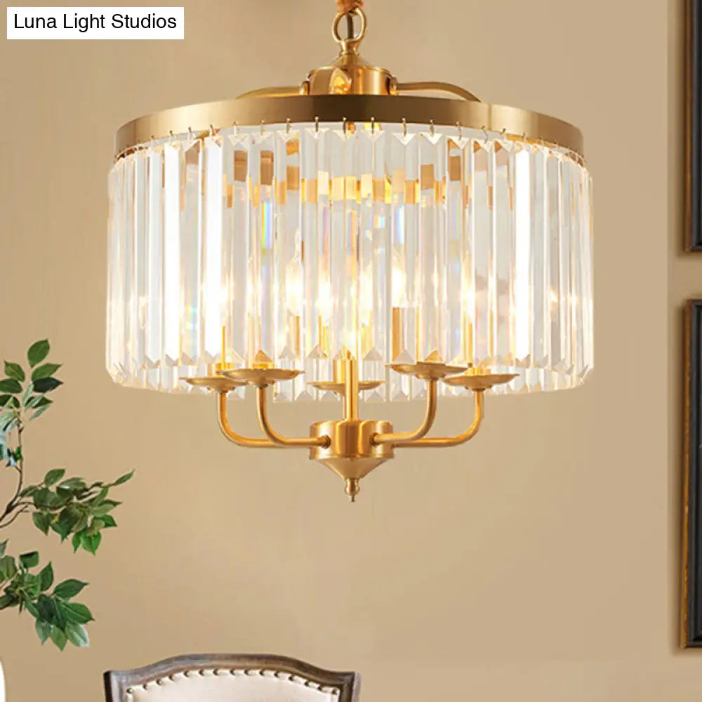 Modern Crystal Cylinder Chandelier Pendant Light - 4 Heads Brass Finish Curved Metal Arm