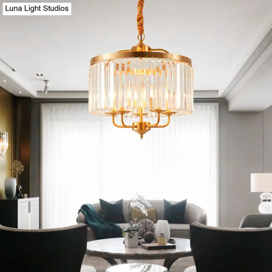 Modern Crystal Cylinder Chandelier Pendant Light - 4 Heads Brass Finish Curved Metal Arm