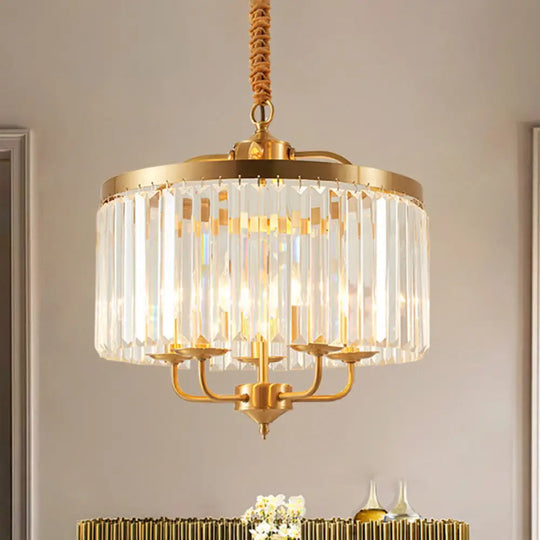 Modern Crystal Cylinder Chandelier Pendant Light - 4 Heads Brass Finish Curved Metal Arm