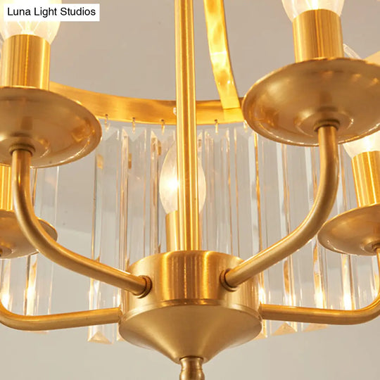 Modernist Brass Hanging Pendant Light With Curved Metal Arm - Crystal Cylinder Chandelier 4 Heads