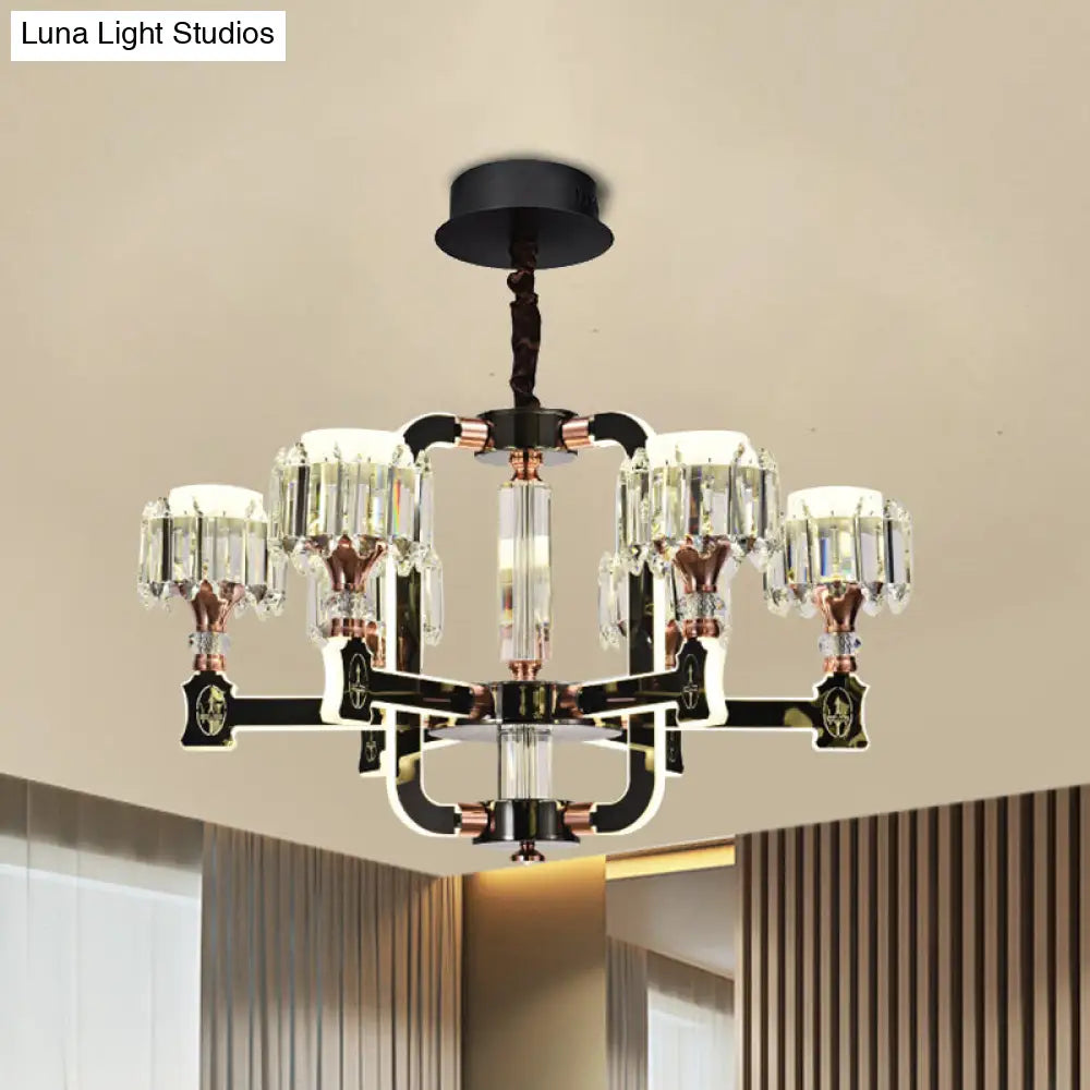 Modern Black Led Chandelier With Crystal Block Cylinder And 6/8 Bulbs