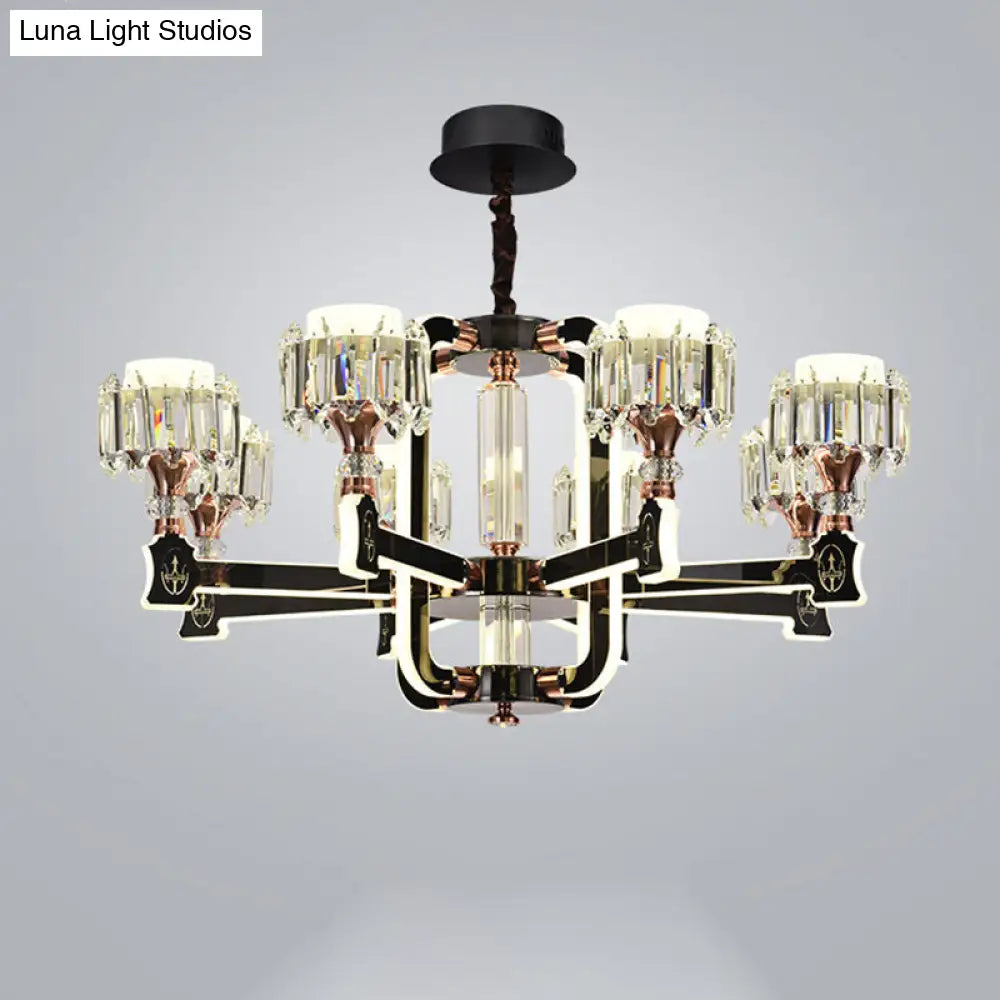 Modern Black Led Chandelier With Crystal Block Cylinder And 6/8 Bulbs