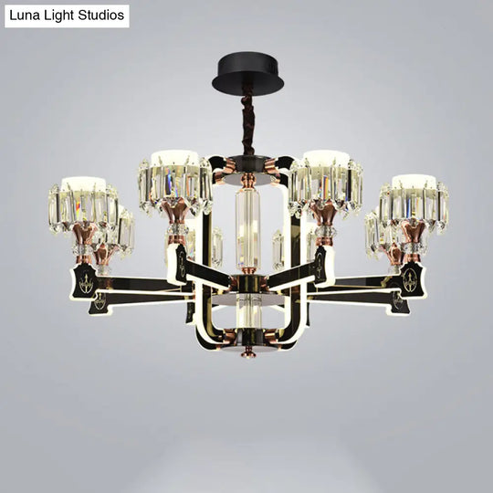 Modern Black Led Chandelier With Crystal Block Cylinder And 6/8 Bulbs