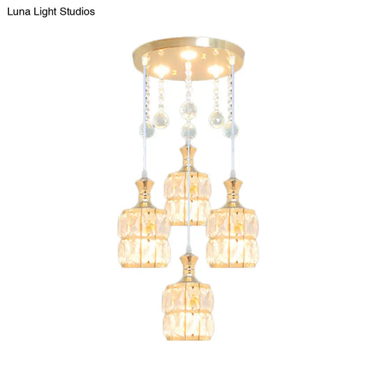 Modern Crystal Cylinder Pendant Light Fixture - Gold 4-Bulb Hanging Lamp Kit