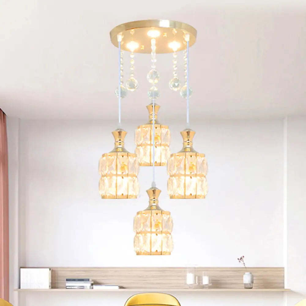 Modern Crystal Cylinder Pendant Light Fixture - Gold 4-Bulb Hanging Lamp Kit
