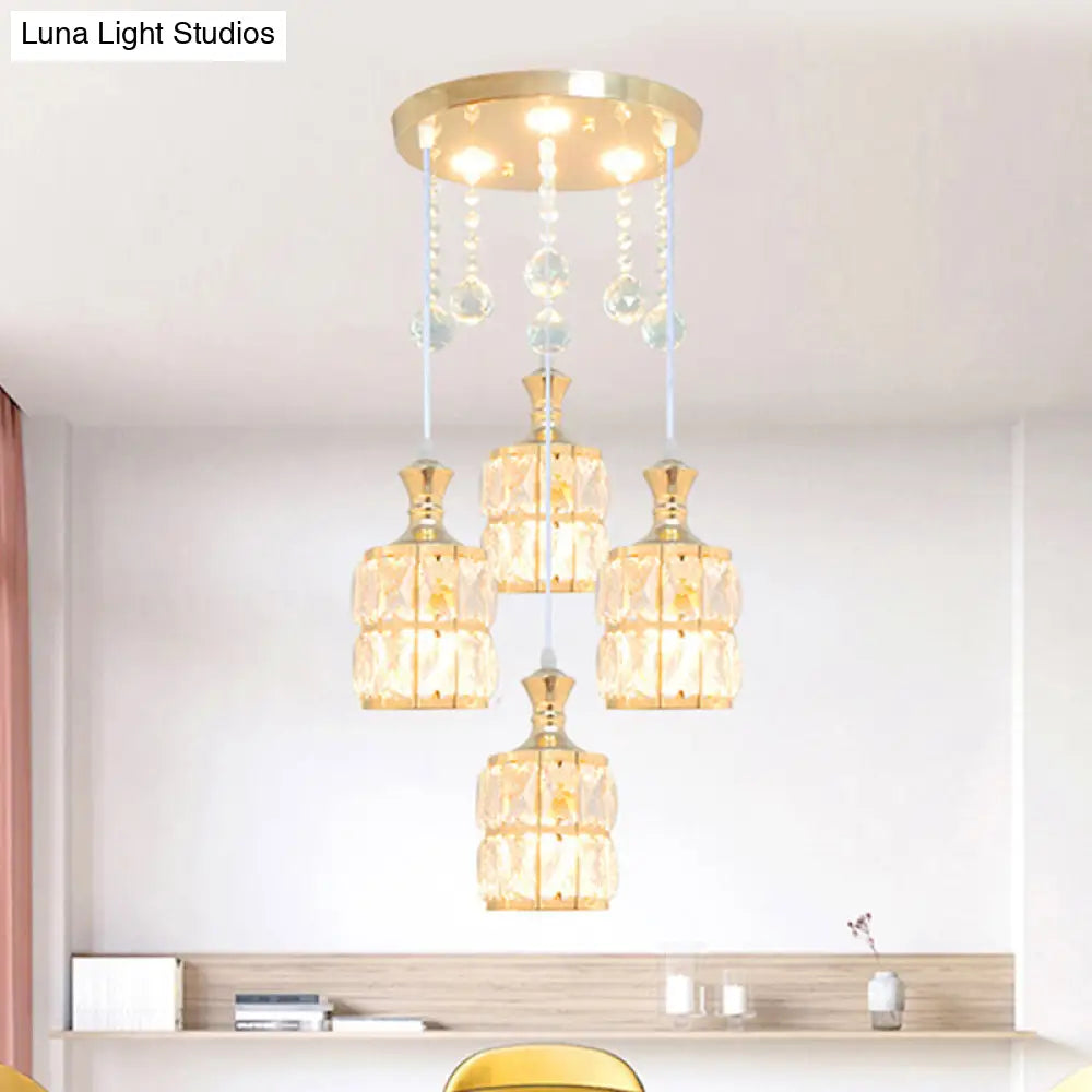 Modern Gold Crystal Block Cylinder Pendant Light Fixture - 4-Bulb Hanging Lamp Kit