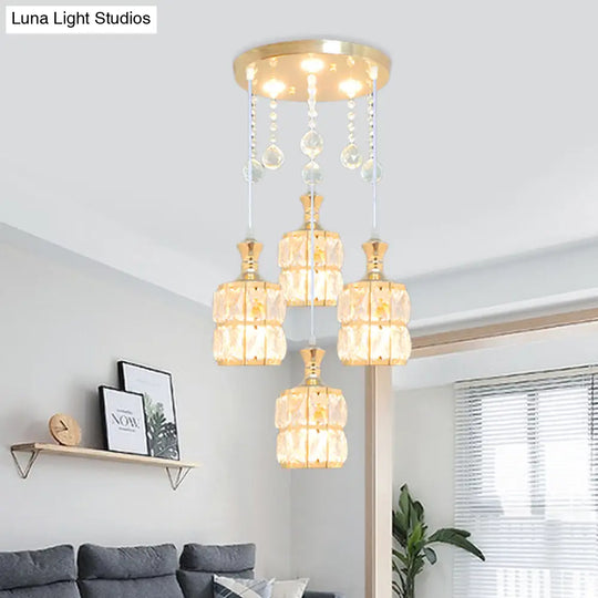 Modern Crystal Cylinder Pendant Light Fixture - Gold 4-Bulb Hanging Lamp Kit