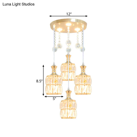 Modern Crystal Cylinder Pendant Light Fixture - Gold 4-Bulb Hanging Lamp Kit