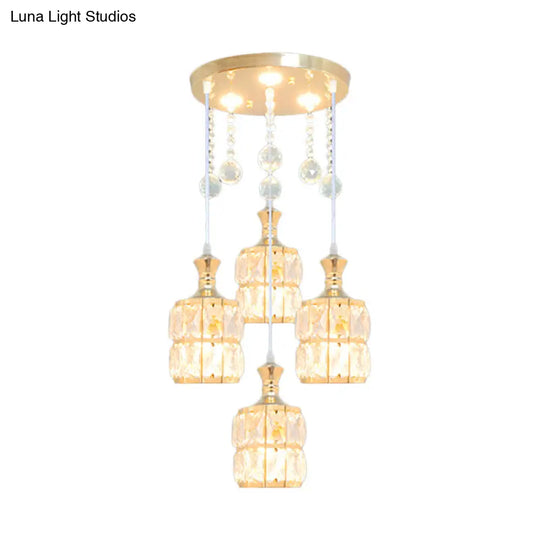 Modern Gold Crystal Block Cylinder Pendant Light Fixture - 4-Bulb Hanging Lamp Kit