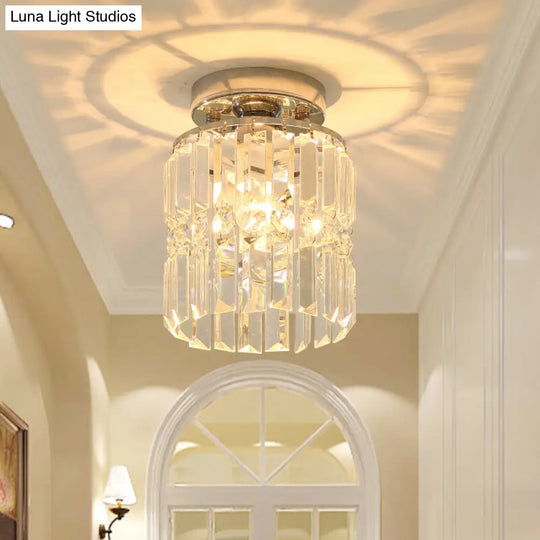 Modern Crystal Cylindrical Ceiling Lamp - Compact Chrome Flush Mount