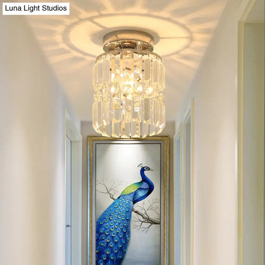 Modern Crystal Cylindrical Ceiling Lamp - Compact Chrome Flush Mount