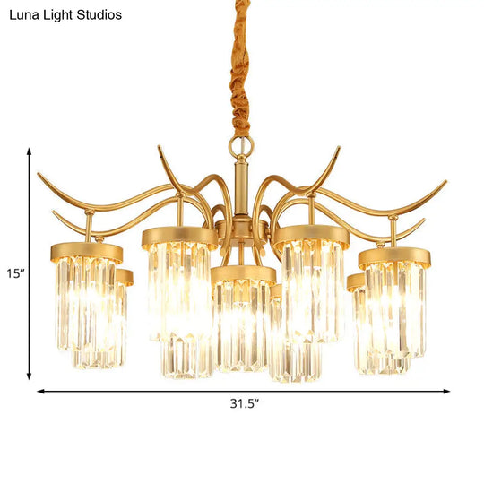 Modern Crystal Cylindrical Chandelier Light With Brass Finish - 7/9-Head Hanging Ceiling