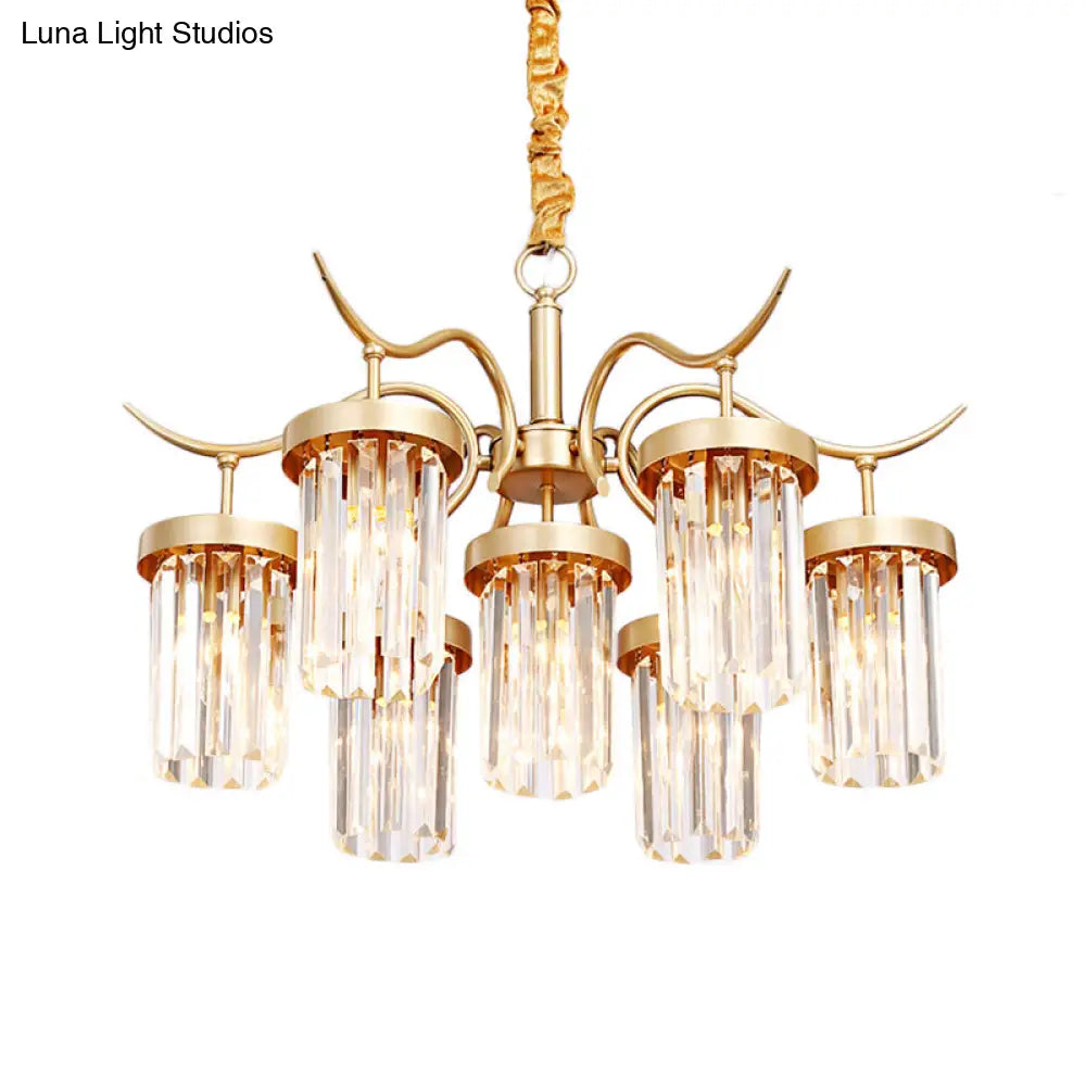 Modern Crystal Cylindrical Chandelier Light With Brass Finish - 7/9-Head Hanging Ceiling