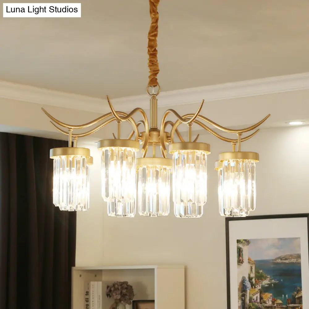 Modern Crystal Cylindrical Chandelier Light With Brass Finish - 7/9-Head Hanging Ceiling