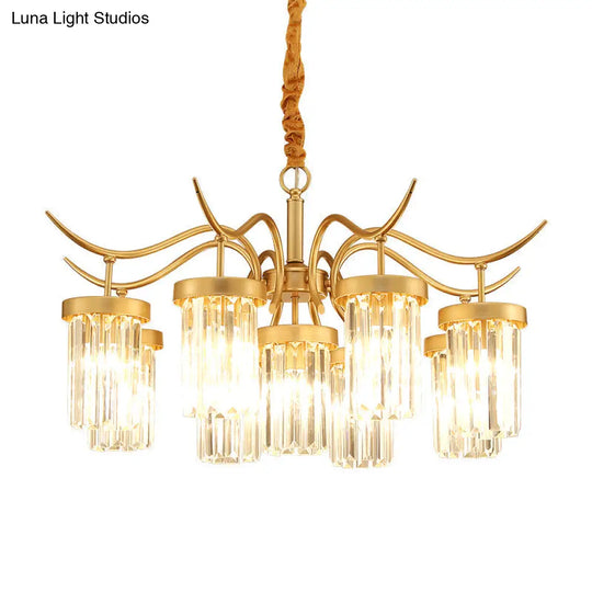 Modern Crystal Cylindrical Chandelier Light With Brass Finish - 7/9-Head Hanging Ceiling