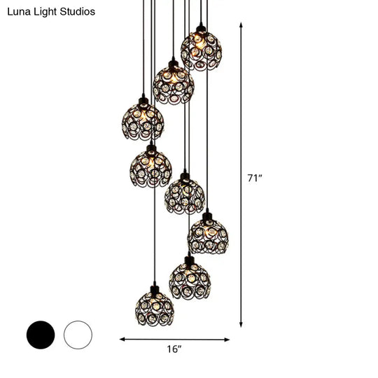 Modern Crystal Dome Chandelier White/Black 8-Bulb Ceiling Light For Living Room