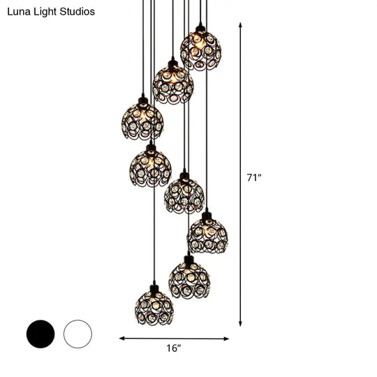 Modern Crystal Dome Chandelier - White/Black 8-Bulb Ceiling Light For Living Room