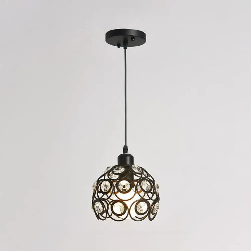 Modern Crystal Dome Pendant Lamp With Metal Cage Design - 1/3 Lights White/Black Round/Linear