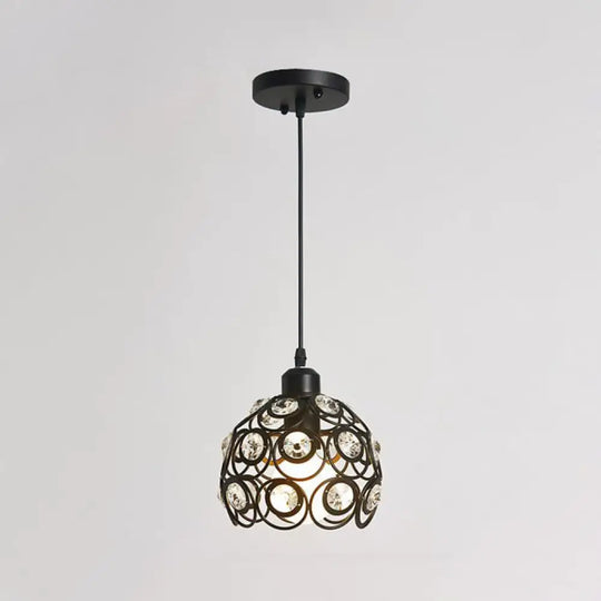 Modern Crystal Dome Pendant Lamp With Metal Cage Design - 1/3 Lights White/Black Round/Linear