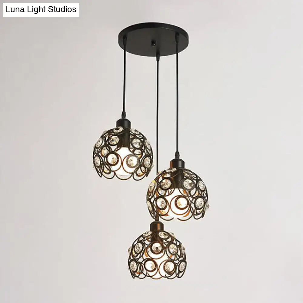 Modern Crystal Dome Metal Cage Pendant Lamp With White/Black Hanging Lights - Round/Linear Canopy