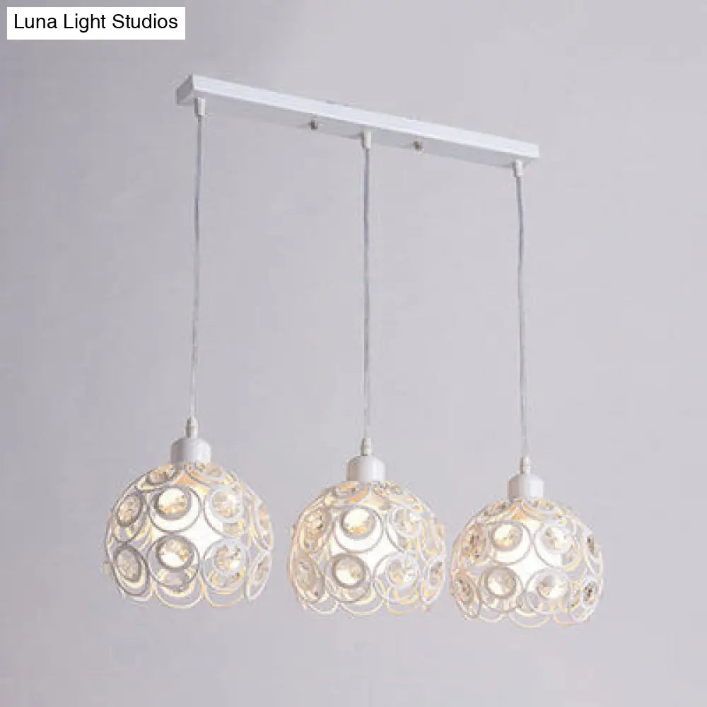 Modern Crystal Dome Metal Cage Pendant Lamp With White/Black Hanging Lights - Round/Linear Canopy