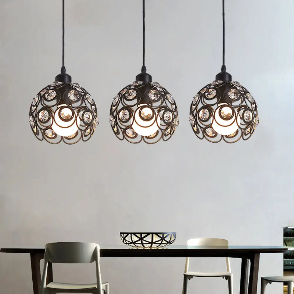 Modern Crystal Dome Pendant Lamp With Metal Cage Design - 1/3 Lights White/Black Round/Linear