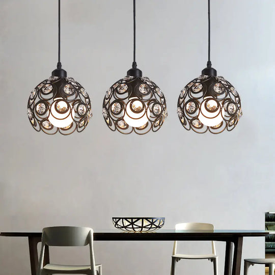 Modern Crystal Dome Pendant Lamp With Metal Cage Design - 1/3 Lights White/Black Round/Linear