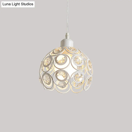 Modern Crystal Dome Metal Cage Pendant Lamp With White/Black Hanging Lights - Round/Linear Canopy