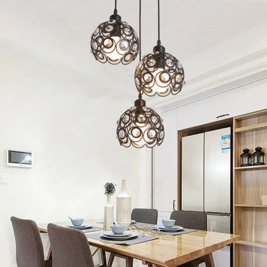 Modern Crystal Dome Pendant Lamp With Metal Cage Design - 1/3 Lights White/Black Round/Linear