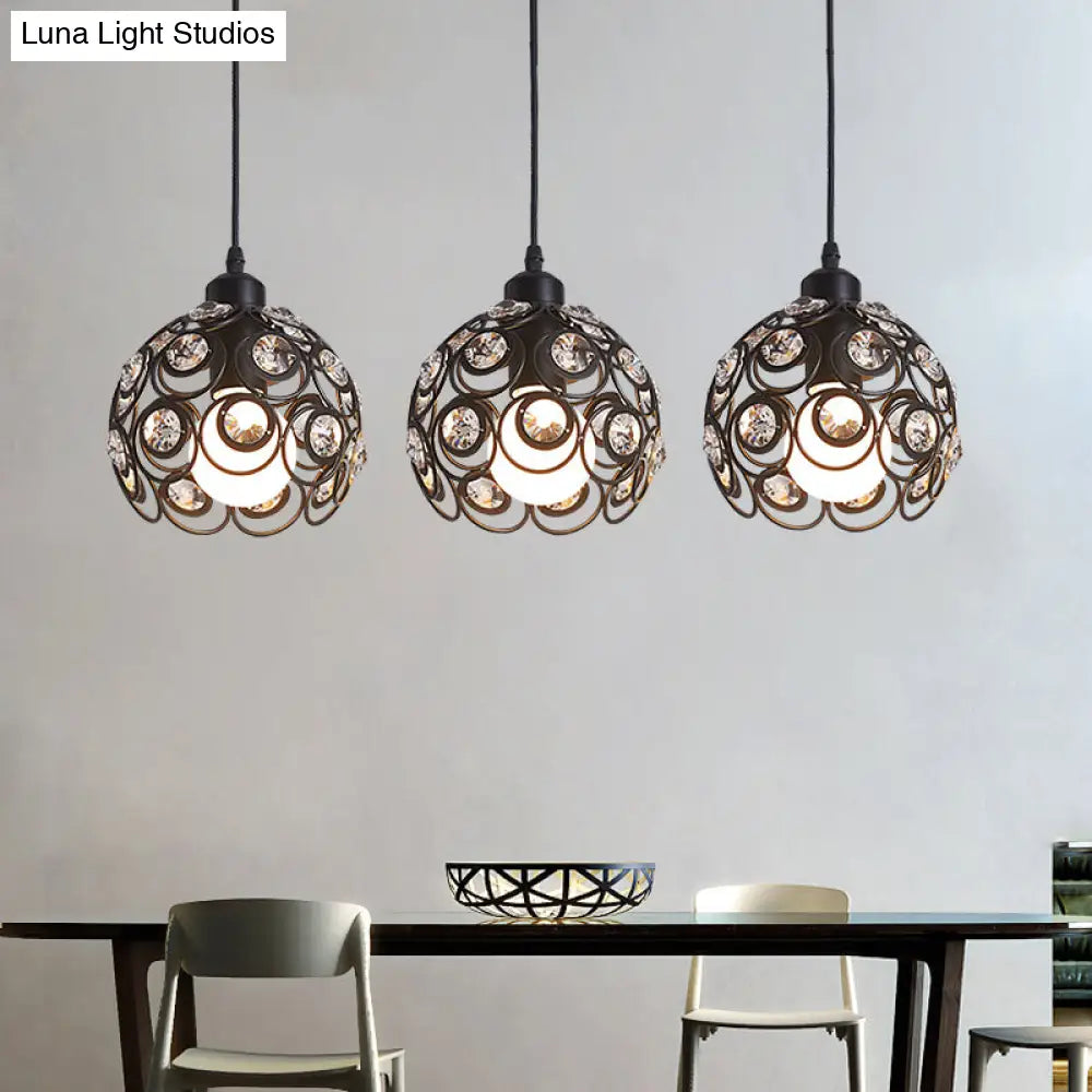 Modern Crystal Dome Metal Cage Pendant Lamp With White/Black Hanging Lights - Round/Linear Canopy