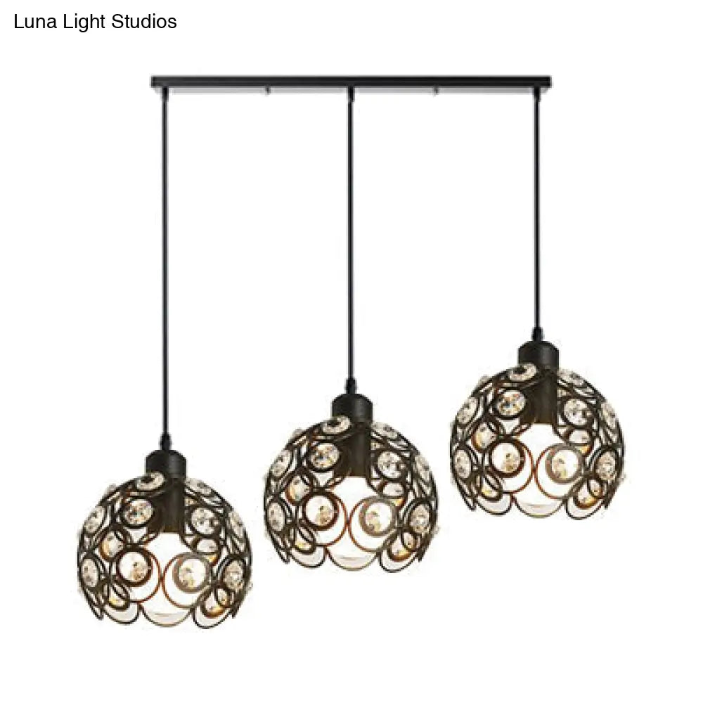 Modern Crystal Dome Pendant Lamp With Metal Cage Design - 1/3 Lights White/Black Round/Linear Canopy