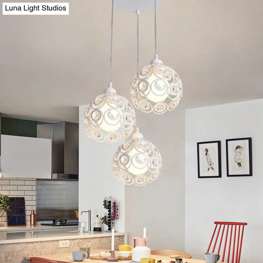 Modern Crystal Dome Metal Cage Pendant Lamp With White/Black Hanging Lights - Round/Linear Canopy