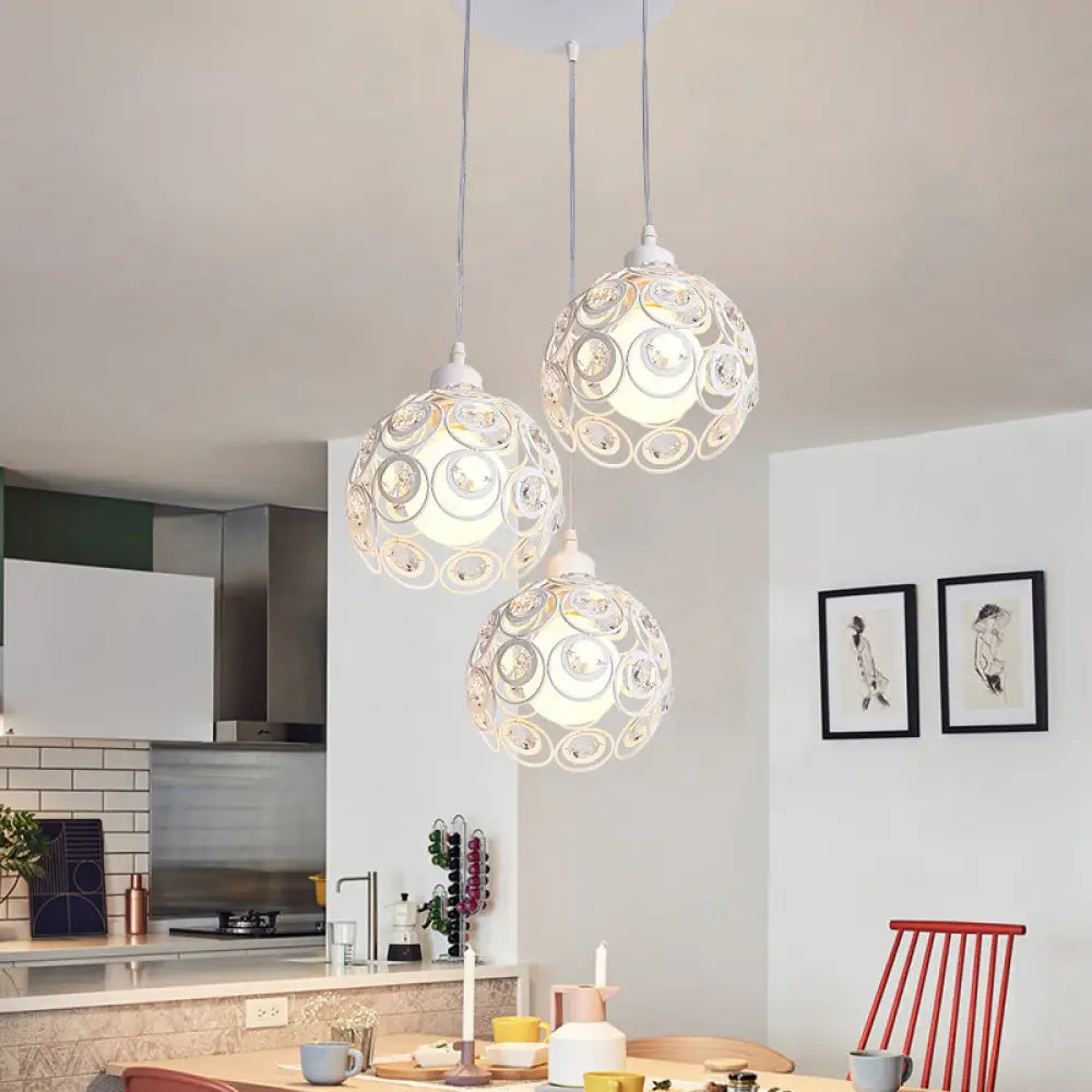 Modern Crystal Dome Pendant Lamp With Metal Cage Design - 1/3 Lights White/Black Round/Linear