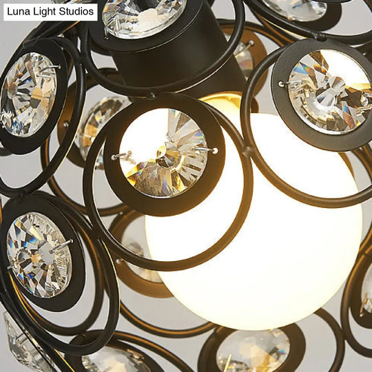 Modern Crystal Dome Pendant Lamp With Metal Cage Design - 1/3 Lights White/Black Round/Linear Canopy