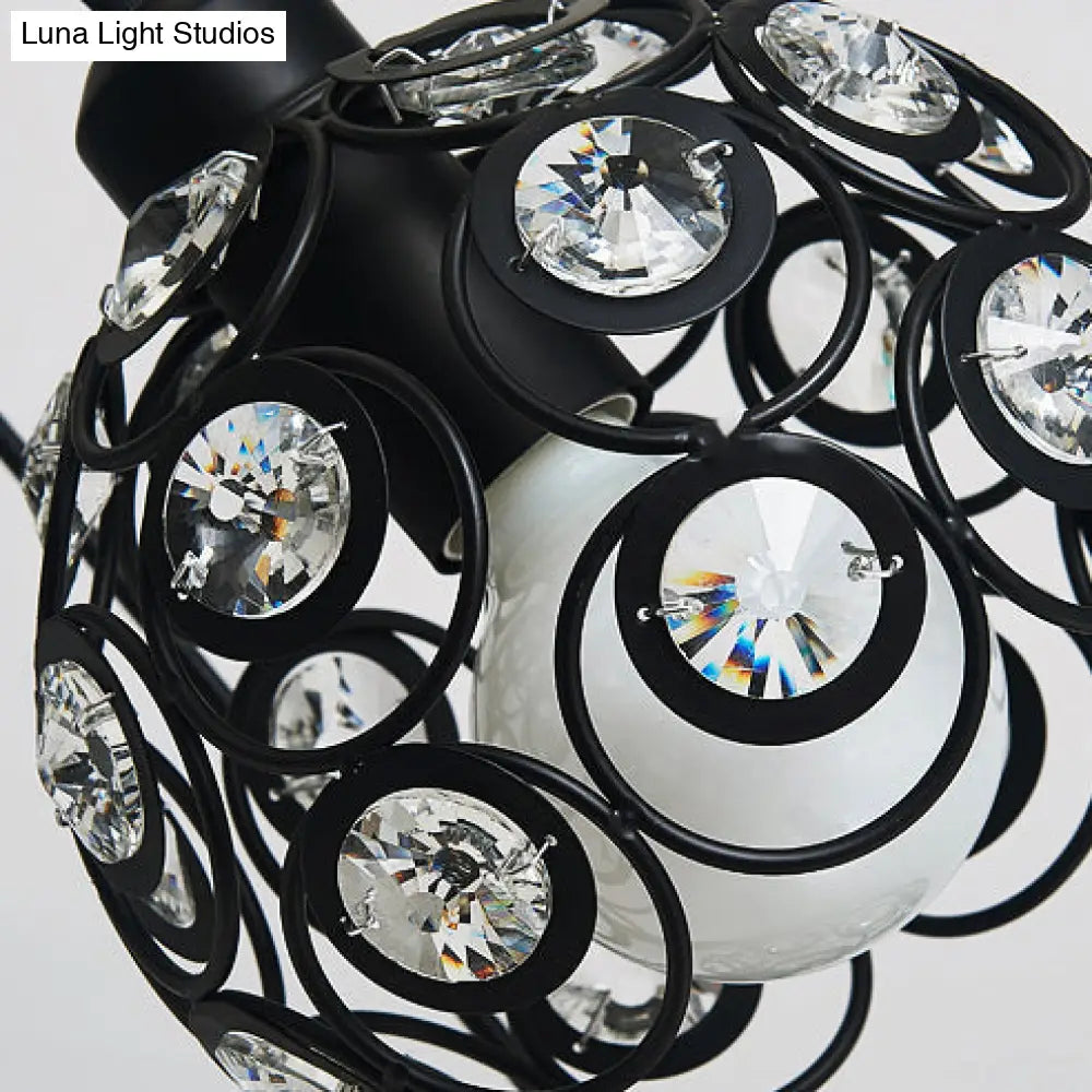 Modern Crystal Dome Pendant Lamp With Metal Cage Design - 1/3 Lights White/Black Round/Linear Canopy