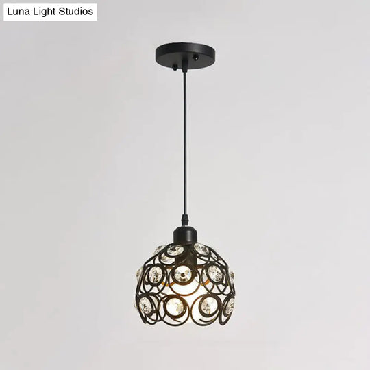 Modern Crystal Dome Metal Cage Pendant Lamp With White/Black Hanging Lights - Round/Linear Canopy