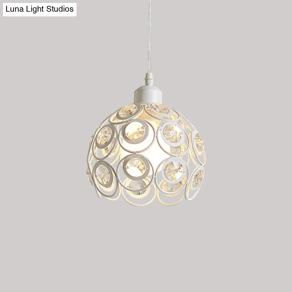 Modern Crystal Dome Pendant Lamp With Metal Cage Design - 1/3 Lights White/Black Round/Linear Canopy