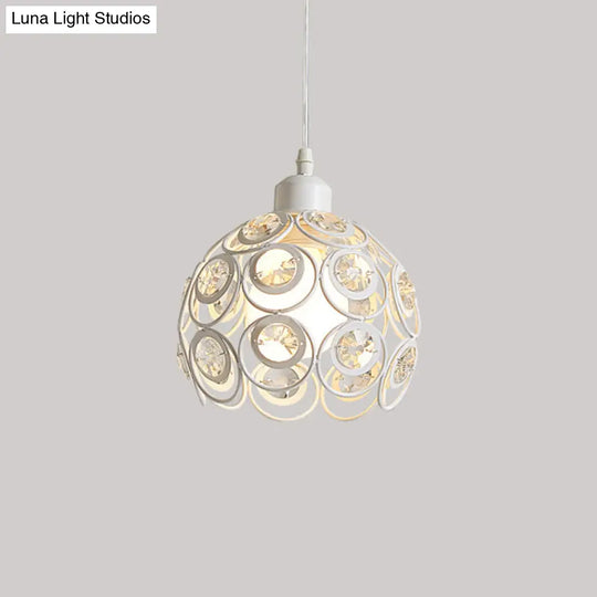 Modern Crystal Dome Pendant Lamp With Metal Cage Design - 1/3 Lights White/Black Round/Linear Canopy