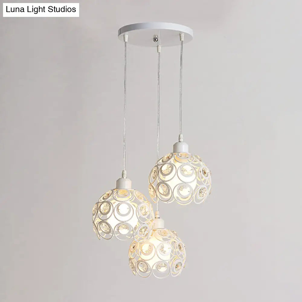 Modern Crystal Dome Pendant Lamp With Metal Cage Design - 1/3 Lights White/Black Round/Linear Canopy