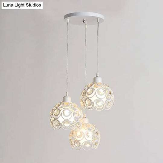 Modern Crystal Dome Pendant Lamp With Metal Cage Design - 1/3 Lights White/Black Round/Linear Canopy