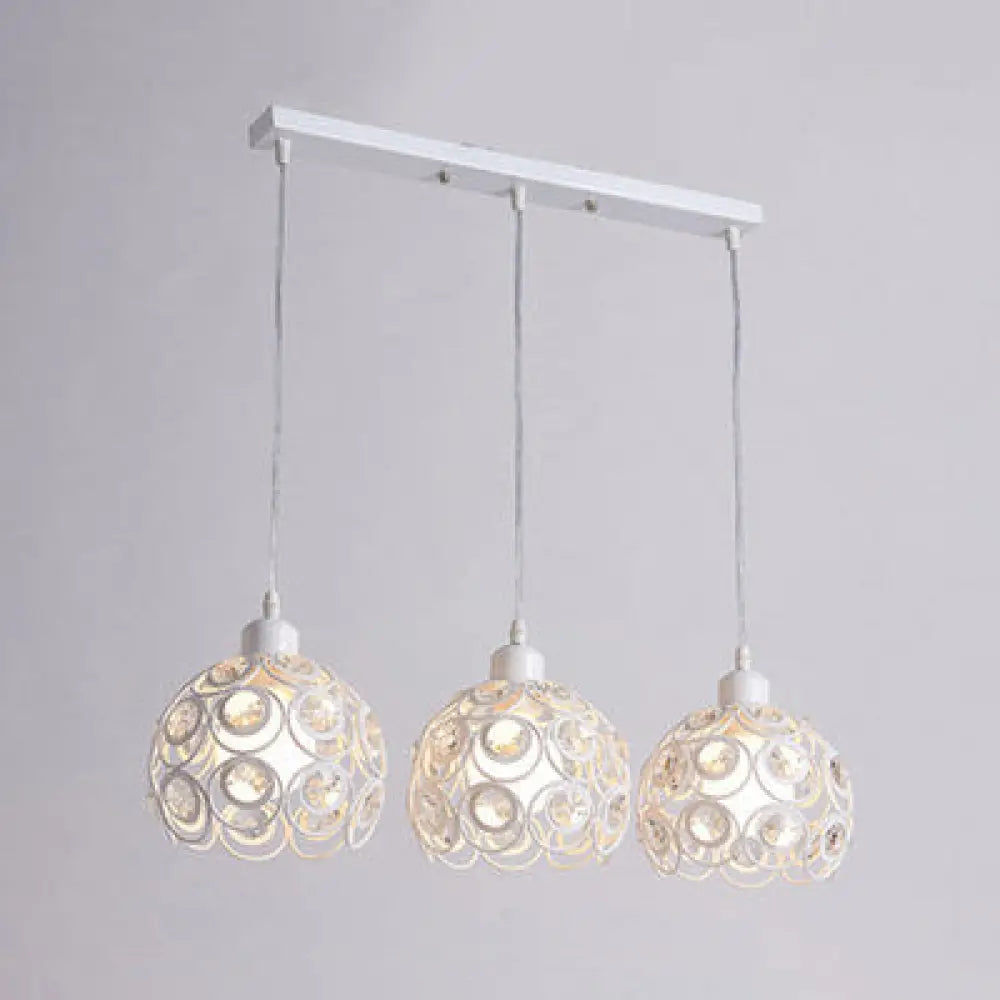 Modern Crystal Dome Pendant Lamp With Metal Cage Design - 1/3 Lights White/Black Round/Linear