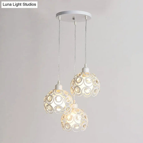 Modern Crystal Dome Pendant Lamp With Metal Cage Design - 1/3 Lights White/Black Round/Linear Canopy