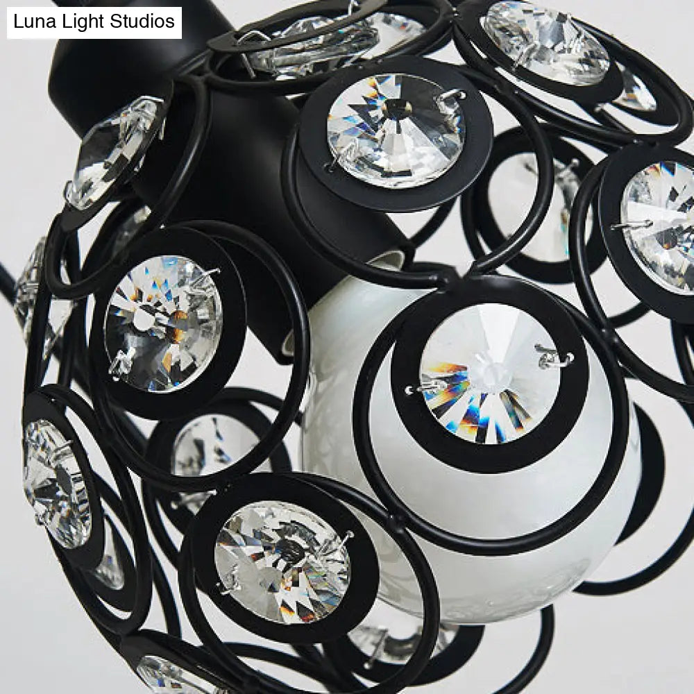 Modern Crystal Dome Metal Cage Pendant Lamp With White/Black Hanging Lights - Round/Linear Canopy