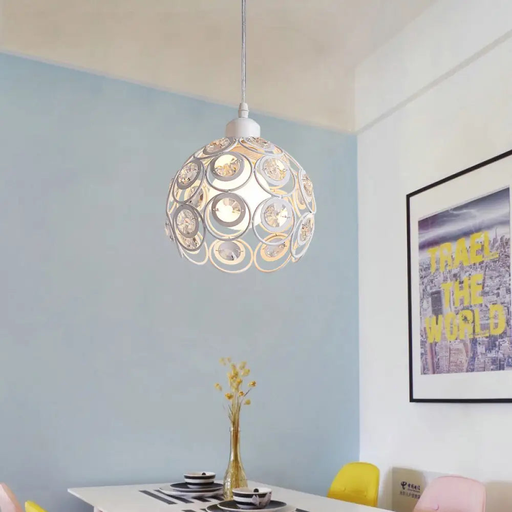 Modern Crystal Dome Pendant Lamp With Metal Cage Design - 1/3 Lights White/Black Round/Linear