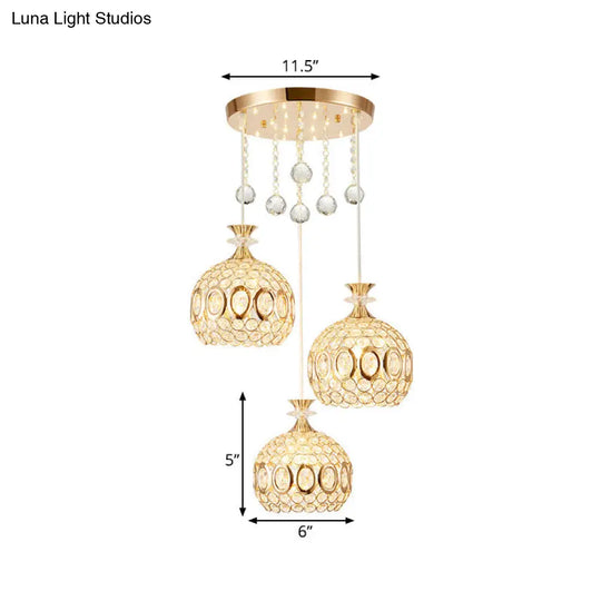 Gold Dome Multi-Pendant Light With Crystal Encrusted Modernist Design - 3 Bulbs