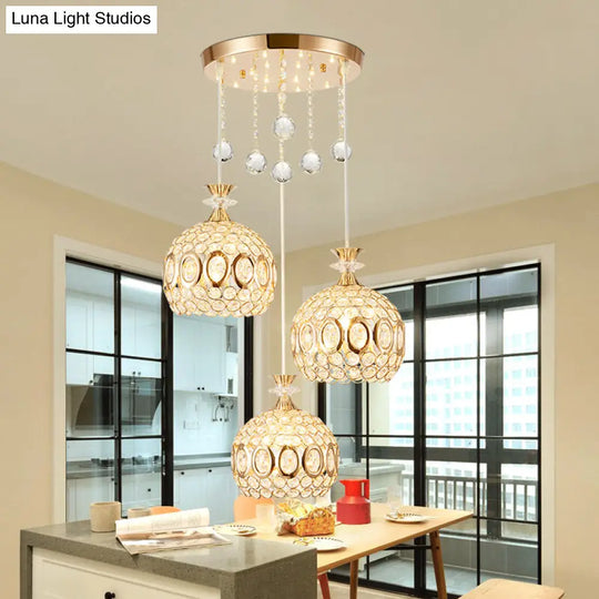 Gold Dome Multi-Pendant Light With Crystal Encrusted Modernist Design - 3 Bulbs