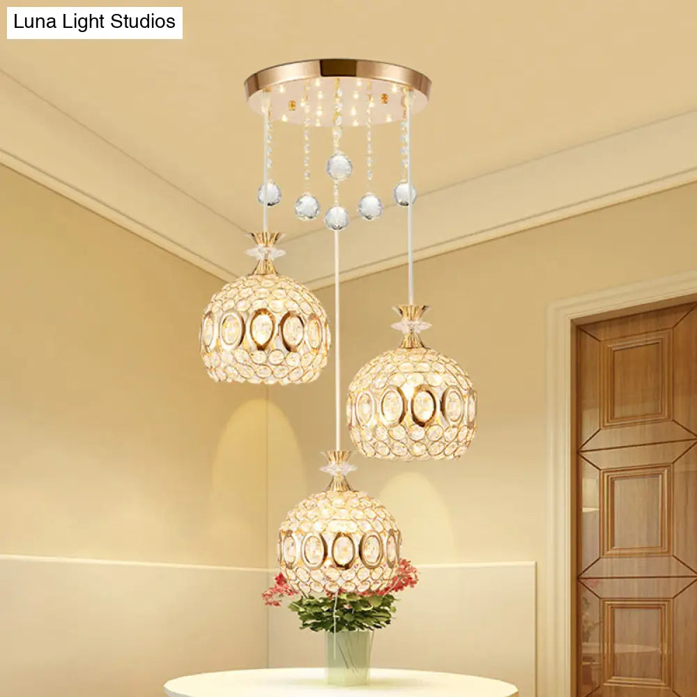 Gold Dome Multi-Pendant Light With Crystal Encrusted Modernist Design - 3 Bulbs