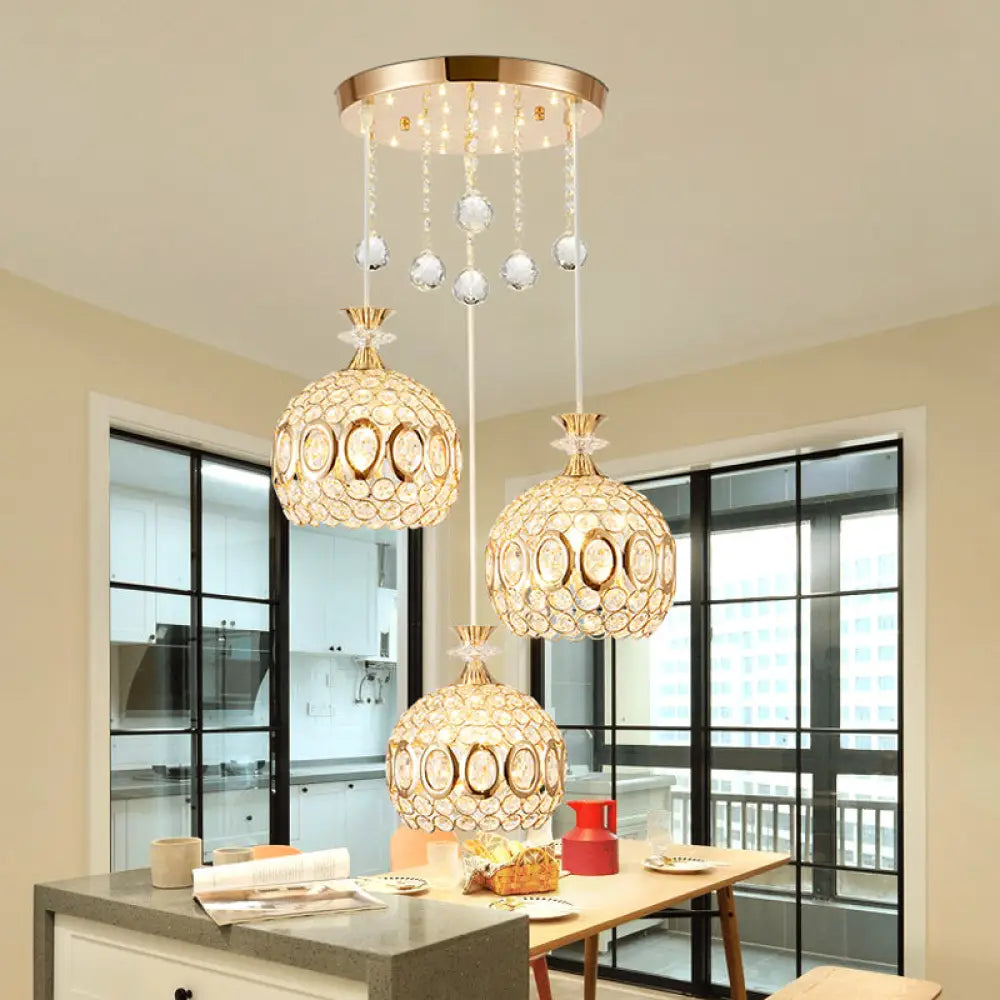 Modern Crystal Dome Pendant Light With 3 Bulbs Gold Finish