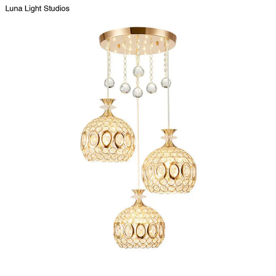 Gold Dome Multi-Pendant Light With Crystal Encrusted Modernist Design - 3 Bulbs
